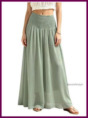Womens Maxi Skirt Smocked High Waist Flowy Boho Long Skirt Beach Casual